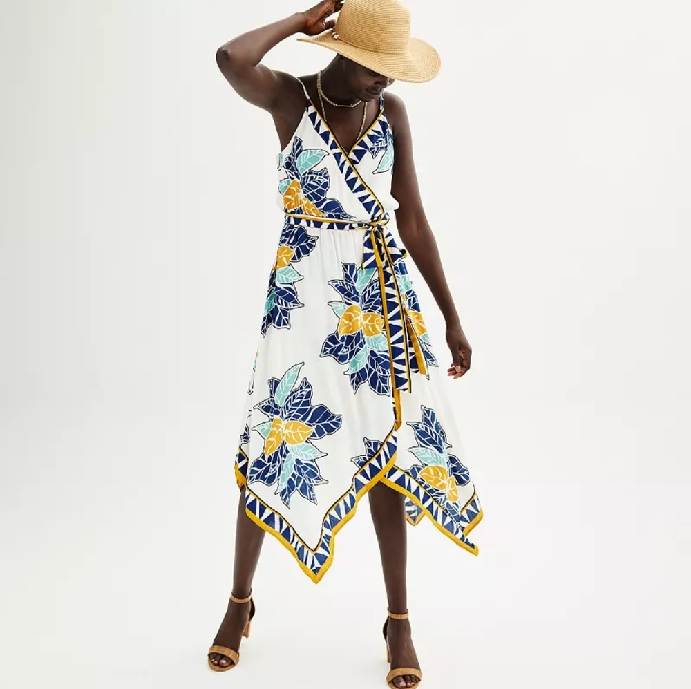 Nine West Women's Scarf Printed Wrap Dress Midi White Blue Yellow Extra Small XS